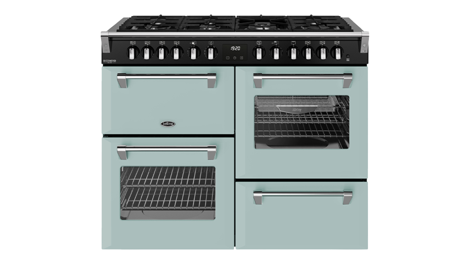 Front view of a seafoam blue Belling 110cm Freestanding Cooker with black control panel