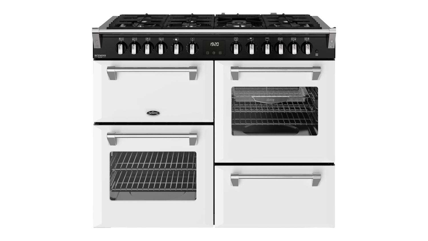 Front view of an ice white Belling 110cm Freestanding Cooker with black control panel