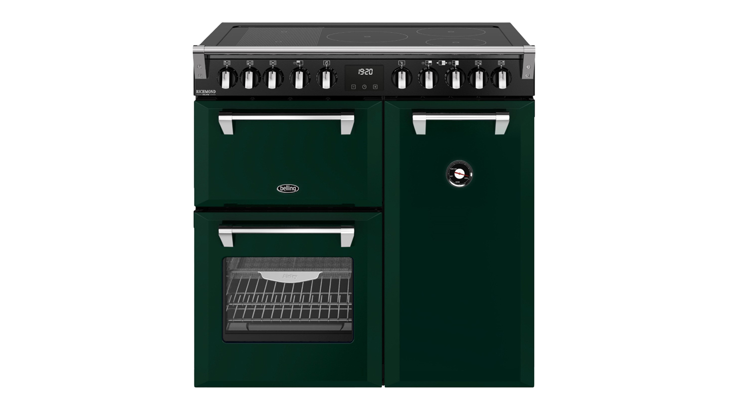 Front view of the Belling 90cm Freestanding Oven in British Racing Green