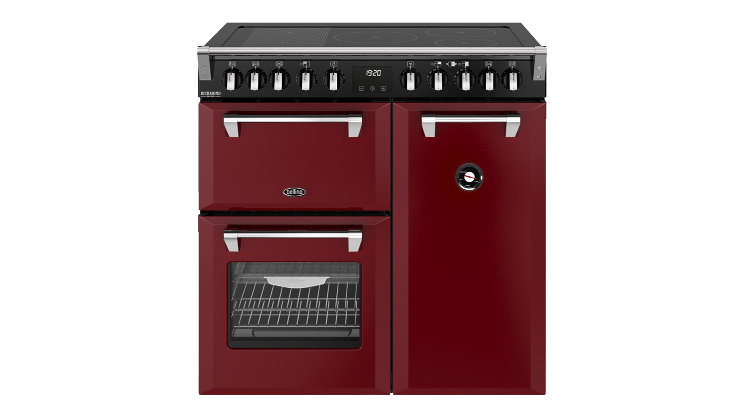 Front view of the Belling 90cm Freestanding Oven in Garnet Red