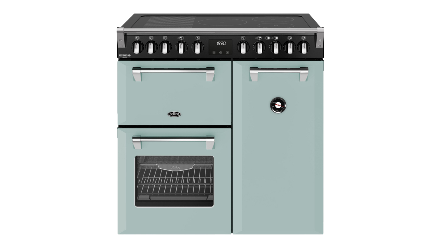 Front view of the Belling 90cm Freestanding Oven in Seafoam Blue