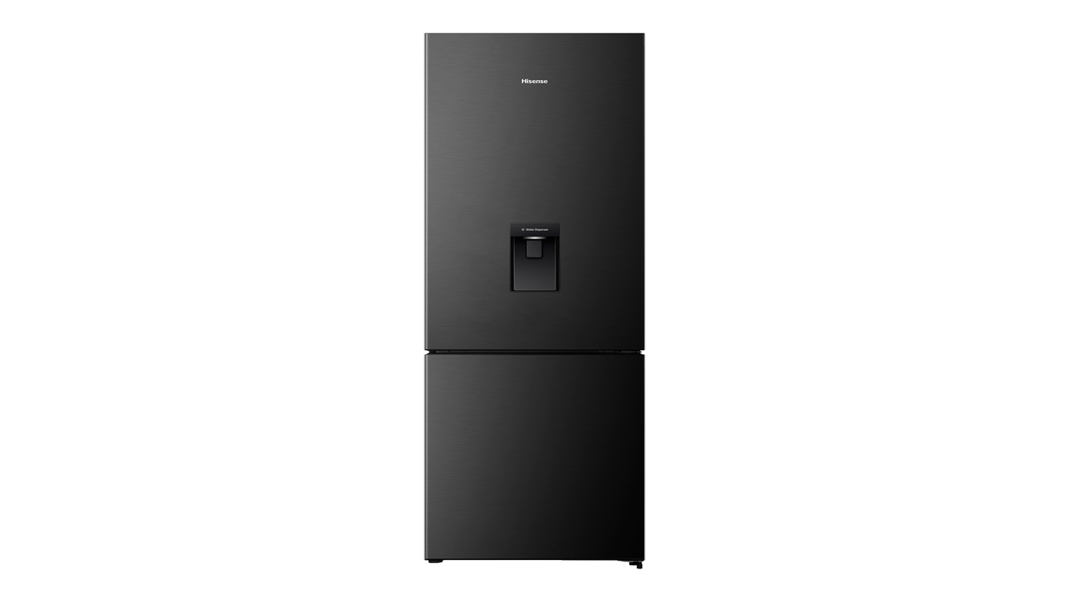 Front view of the Hisense 415L Bottom Mount Fridge Freezer in Black Steel