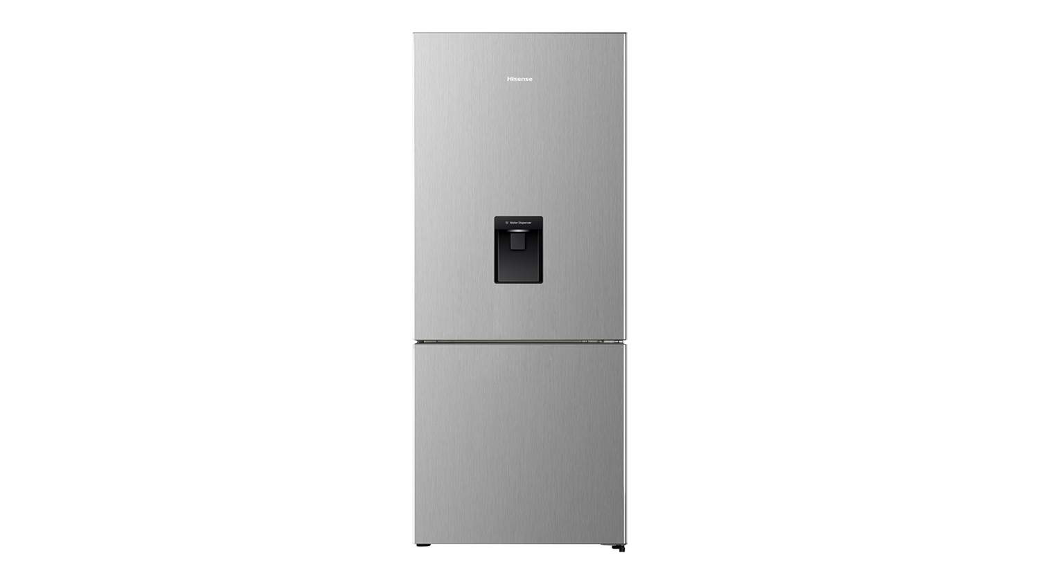 Front view of the Hisense 415L Bottom Mount Fridge Freezer in Stainless Steel with built-in water dispenser