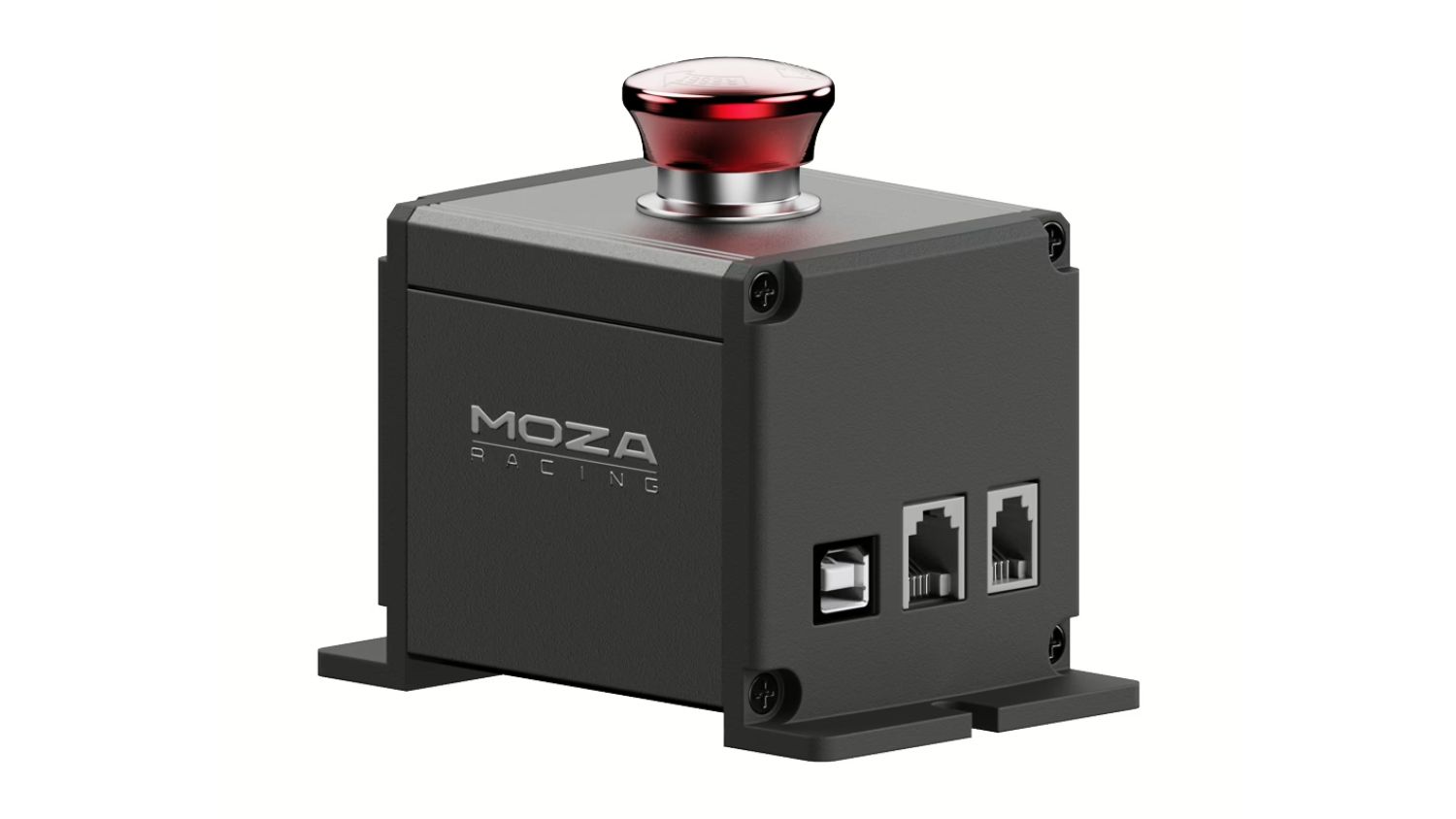 Angled view of a black MOZA Racing E-Stop Button featuring a red push button, USB port, and RJ45 port