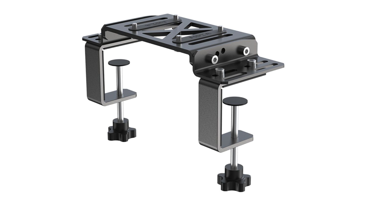 An angled front view of a black metal racing wheelbase table clamp with dual screw desk mounting system