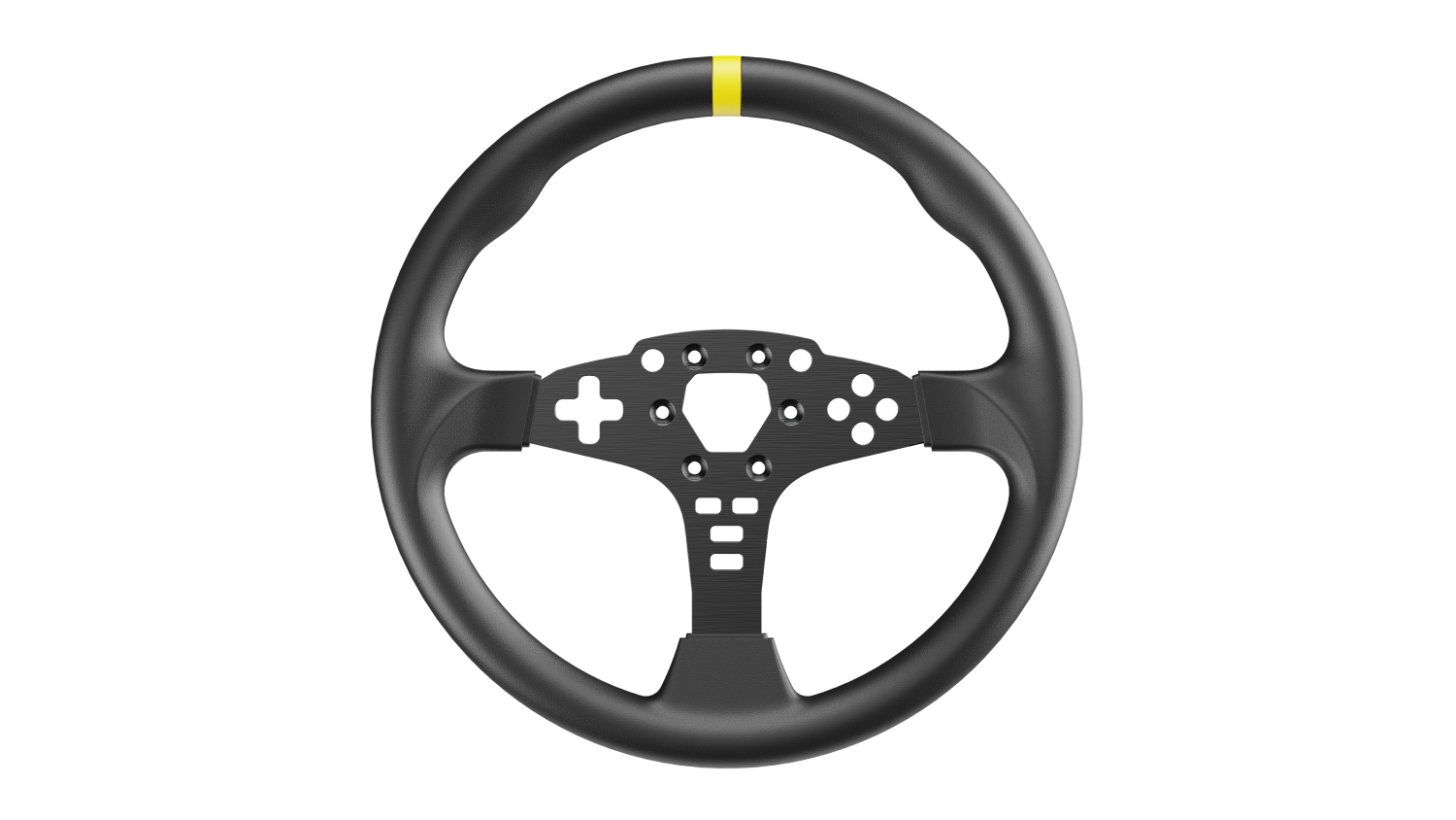 Black three-spoke MOZA 12-Inch Round Wheel Mod for the ES Wheel, featuring a yellow centre marker at the top