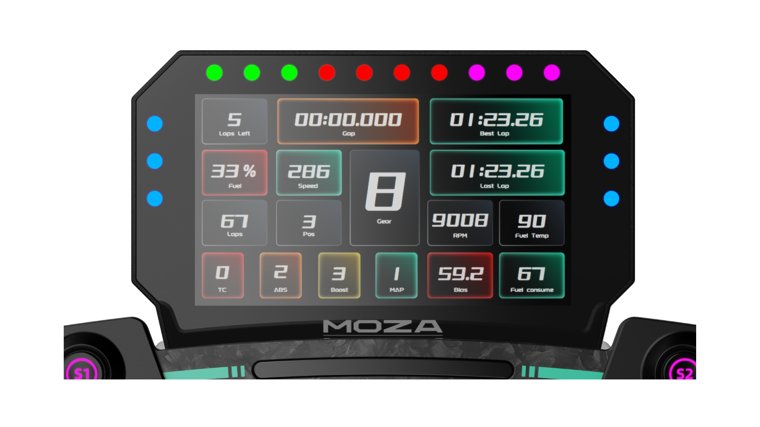MOZA Racing CM2 simulator dashboard display showing lap times, speed, gear, RPM, fuel level, and LED shift indicators