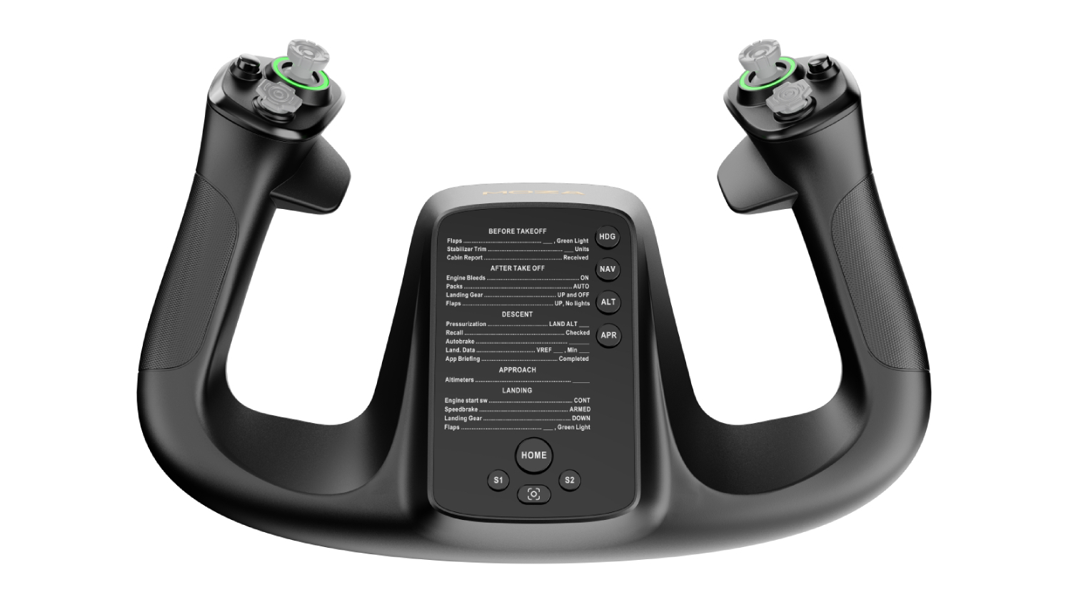 MOZA MFY aircraft-style dual control yoke with integrated checklist display and navigation buttons