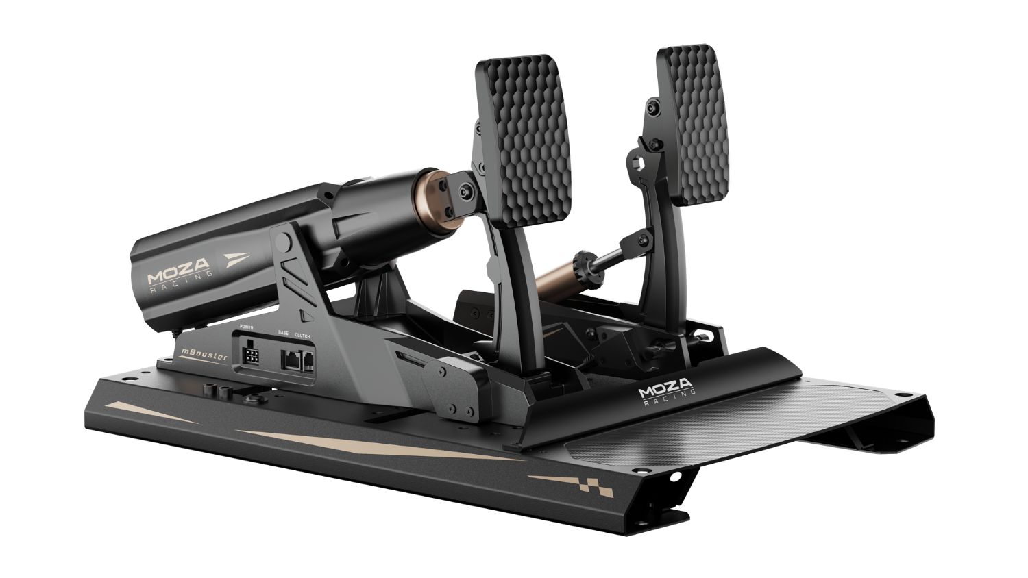 Moza racing mBooster active pedal set featuring dual textured black foot pedals on a sleek, metal baseplate