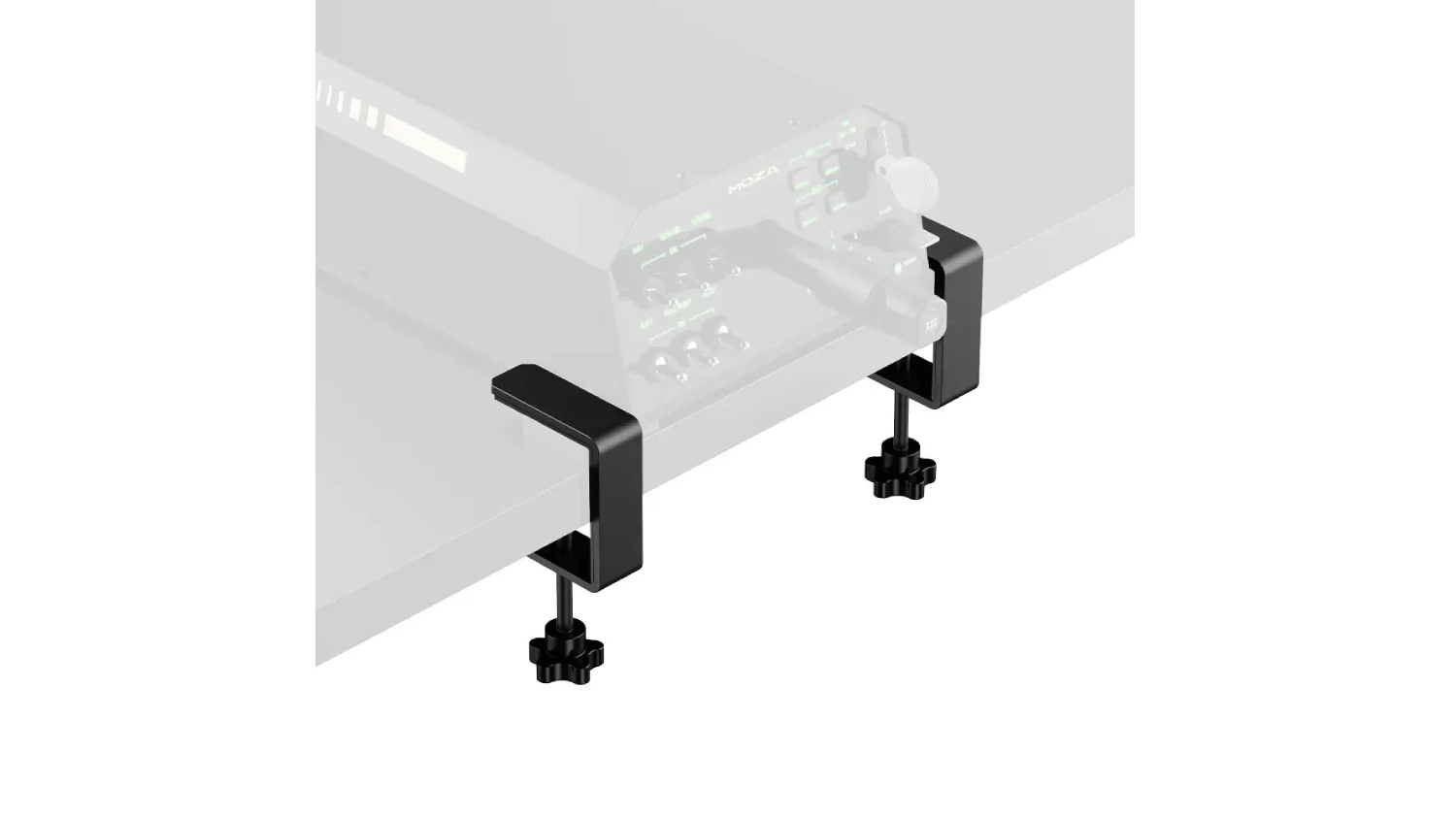 Black MOZA Table Clamp for a yoke mounted on a tabletop, securing a racing wheel base to a desk edge