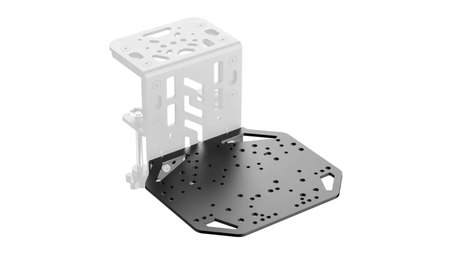 MOZA Universal Mounting Plate with multiple pre-drilled holes, attached to a partially transparent bracket assembly