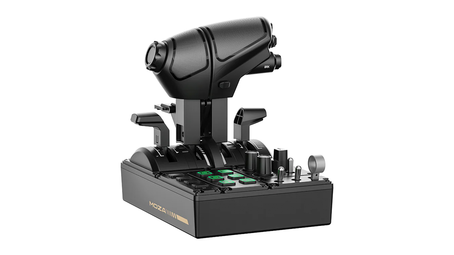 MOZA MTQ Throttle Quadrant flight simulator controller with a dual-handle grip, buttons, and switches