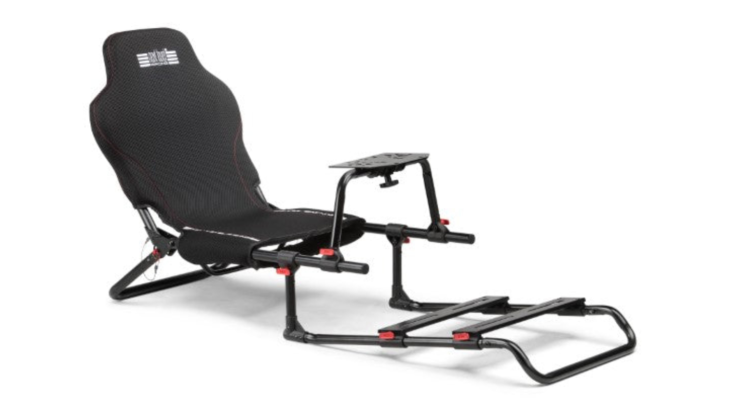 Next Level Racing GTLite foldable racing cockpit with padded seat, wheel mount, and adjustable pedal platform