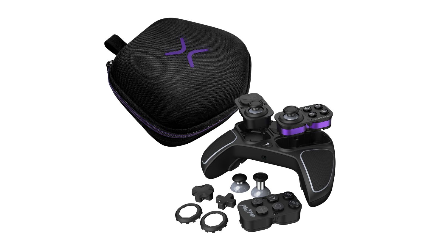 Front view of a black Victrix Pro BFG wireless controller for PlayStation featuring purple accents and textured grips