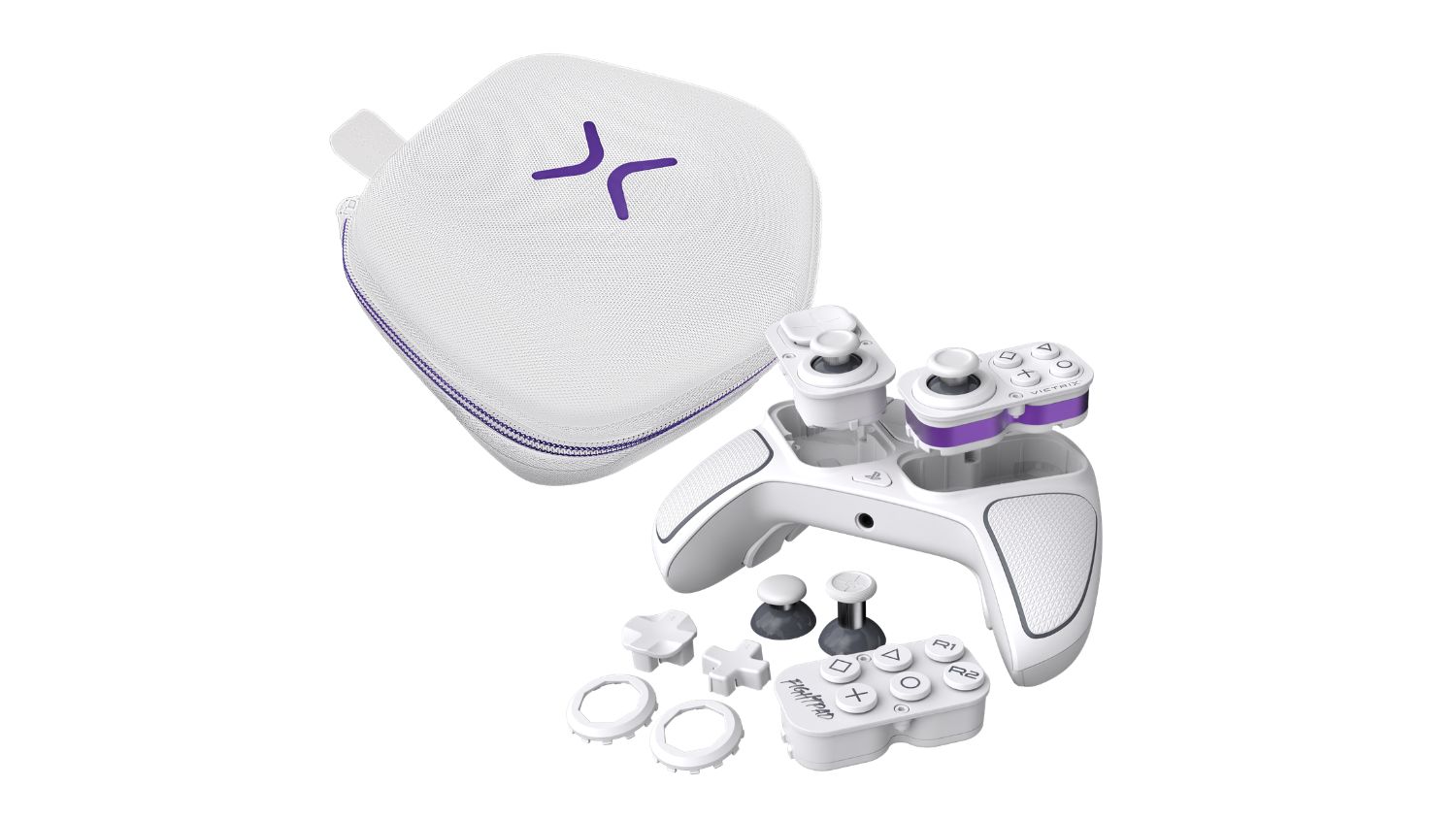 Front view of a white Victrix Pro BFG wireless controller for PlayStation featuring purple accents and textured grips