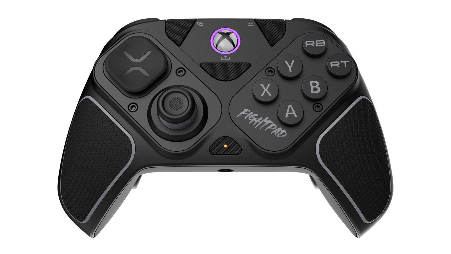 Front view of a black Victrix Pro BFG wireless controller for PlayStation featuring purple accents and textured grips
