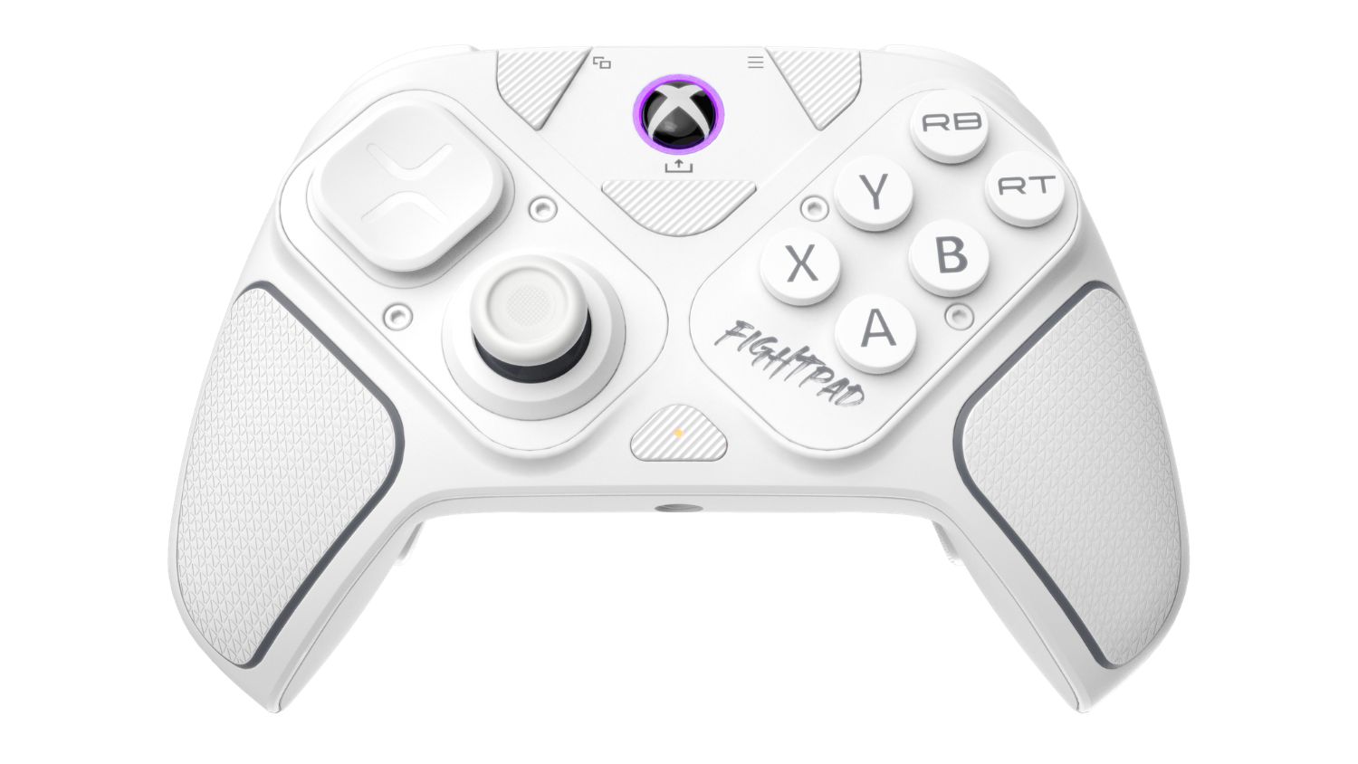 Front view of a black Victrix Pro BFG wireless controller for PlayStation featuring purple accents and textured grips