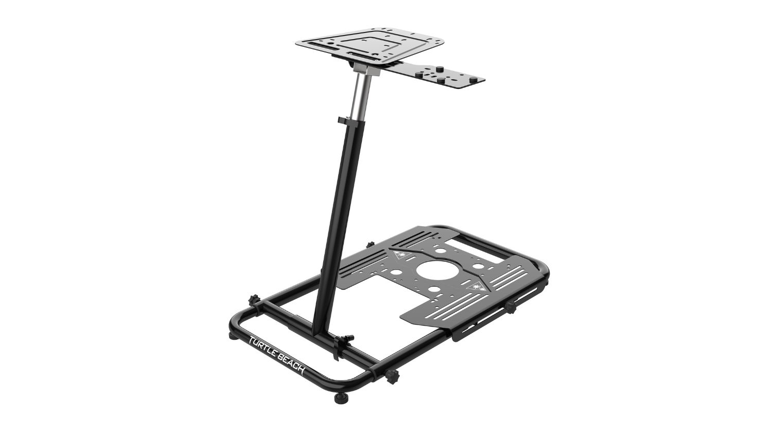 Turtle Beach VelocityOne universal simulation stand made of black steel, featuring adjustable mounting plates and base