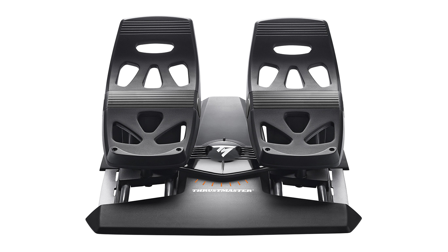 A Thrustmaster TFRP Flight Rudder Pedals in a sleek black colour
