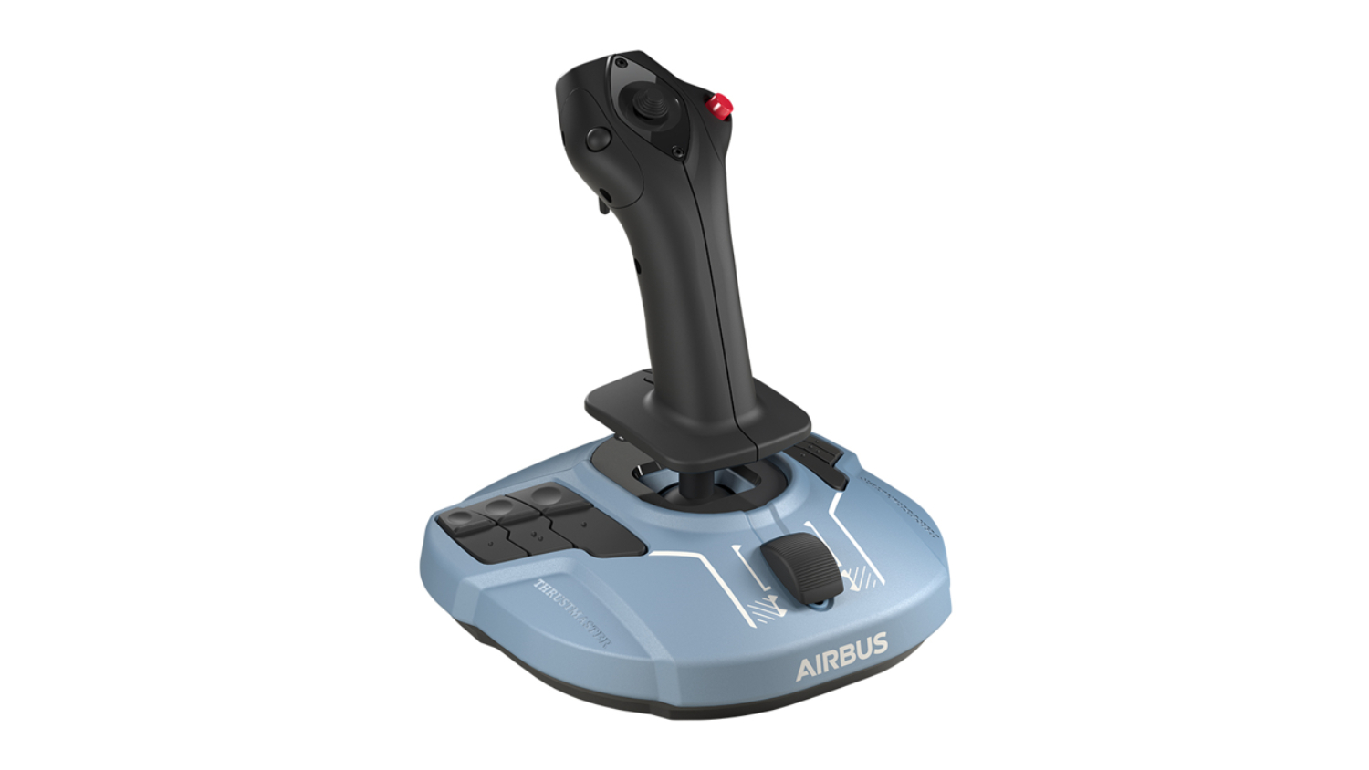 Thrustmaster TCA Sidestick Airbus Edition flight stick with a black handle, blue base, buttons, and a throttle slider