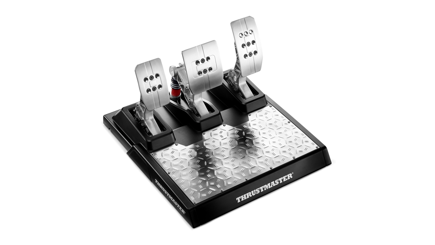 A Thrustmaster T-LCM Pedals in a sleek silver and black colour