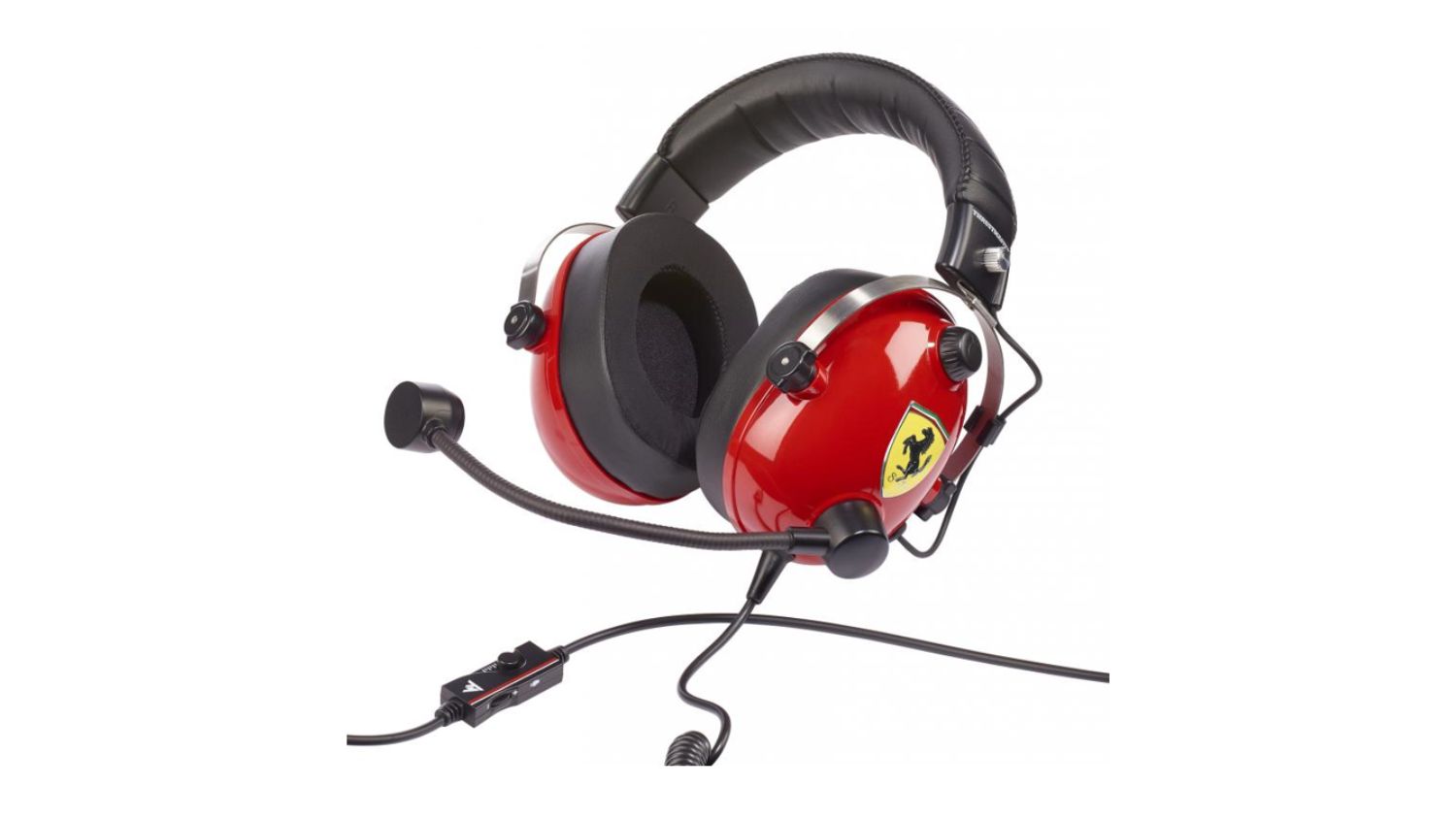 Front angled view of the Thrustmaster T-Racing Gaming Headset featuring red Ferrari-branded ear cups