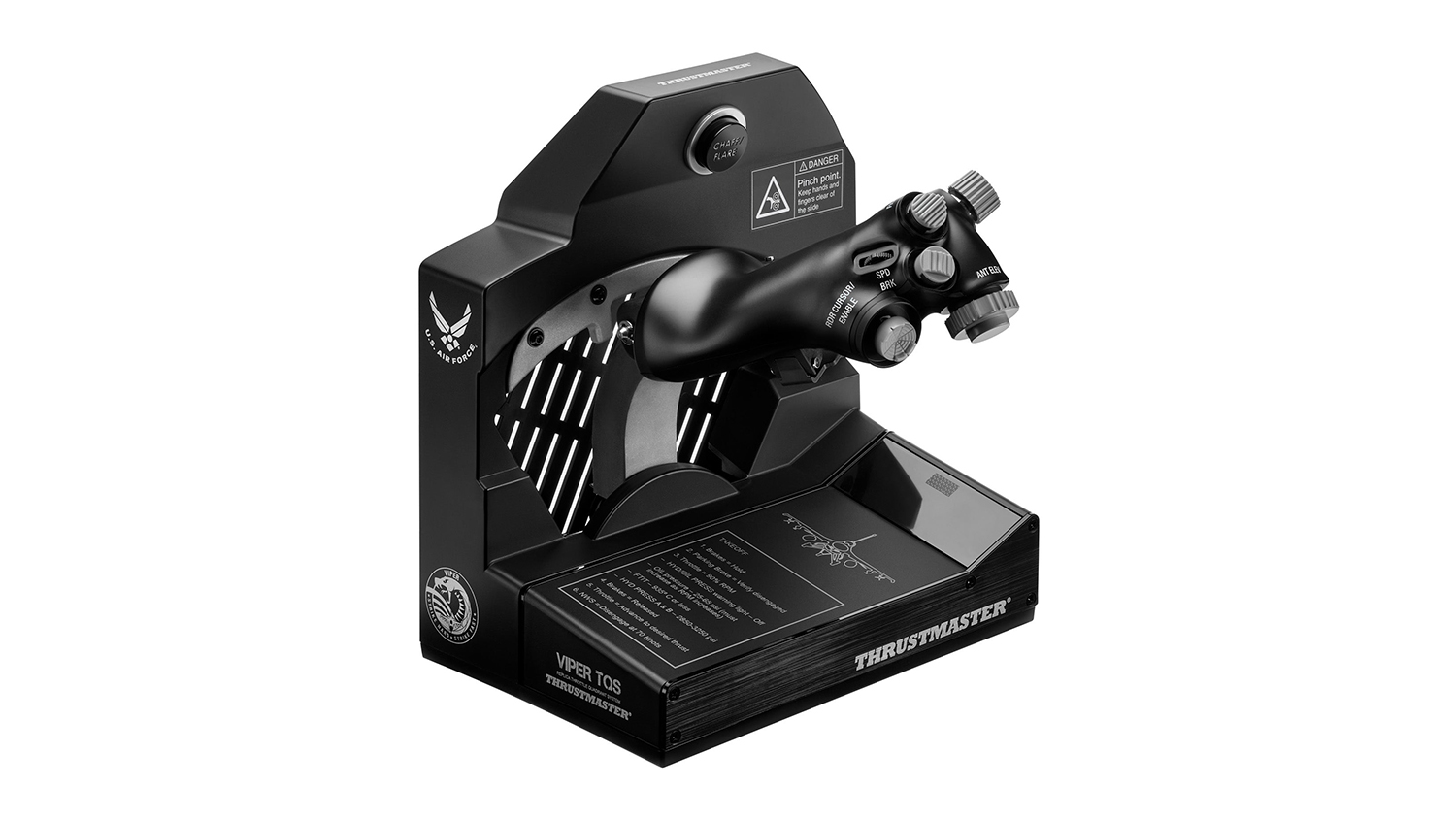 Front three-quarter view of the Thrustmaster Flight TQS Viper throttle controller, featuring a fighter jet-inspired throttle grip