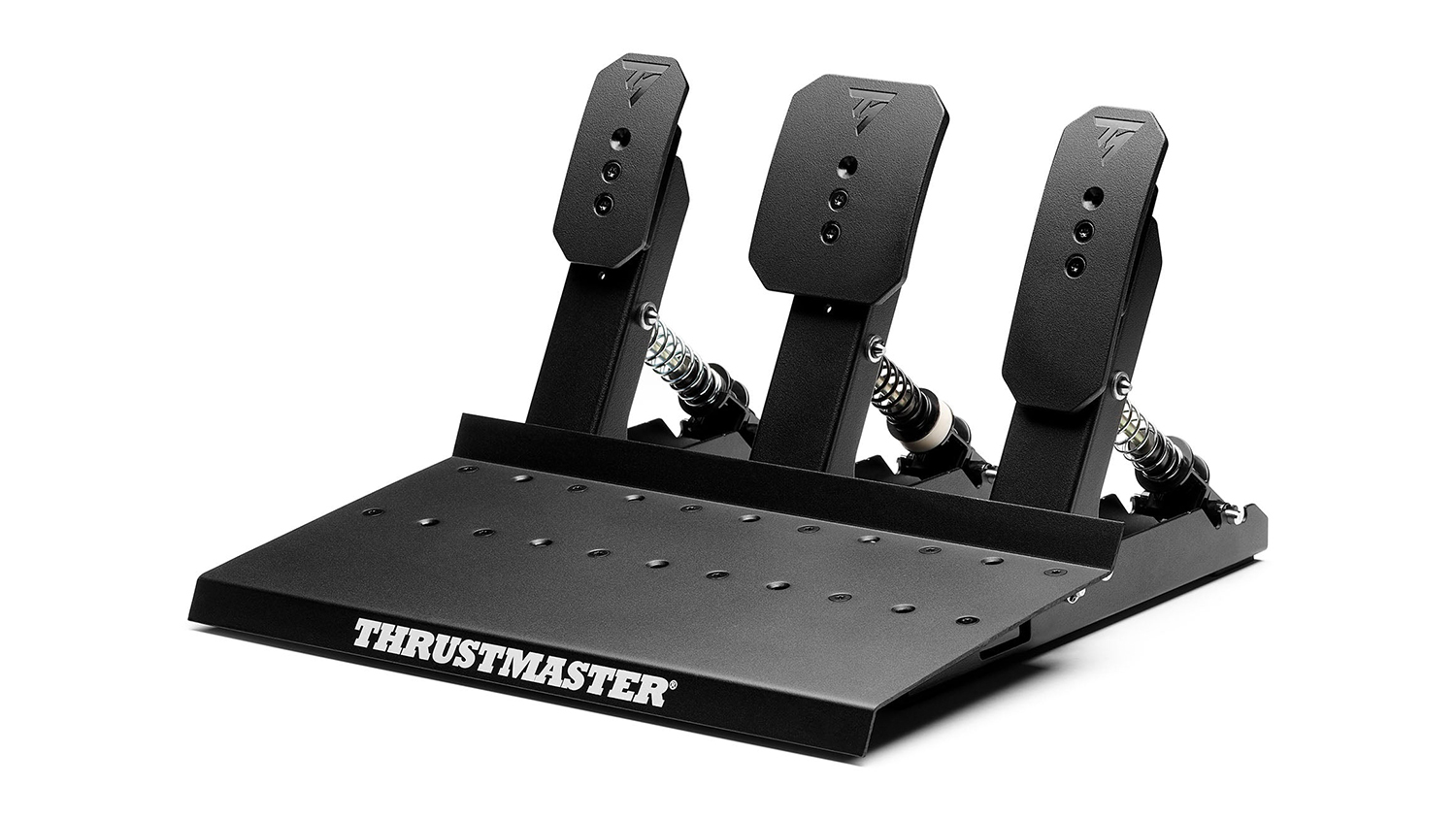 Front angled view of the Thrustmaster Raceline III Simulation Pedals featuring a three-pedal layout
