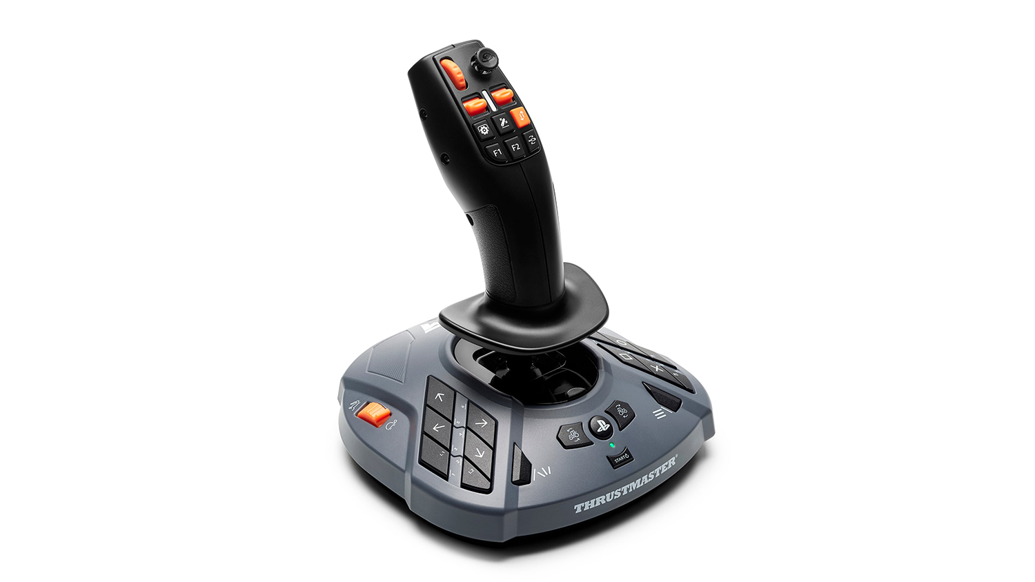An angled front view of a black farming simulator joystick, with orange buttons and multifunction control base