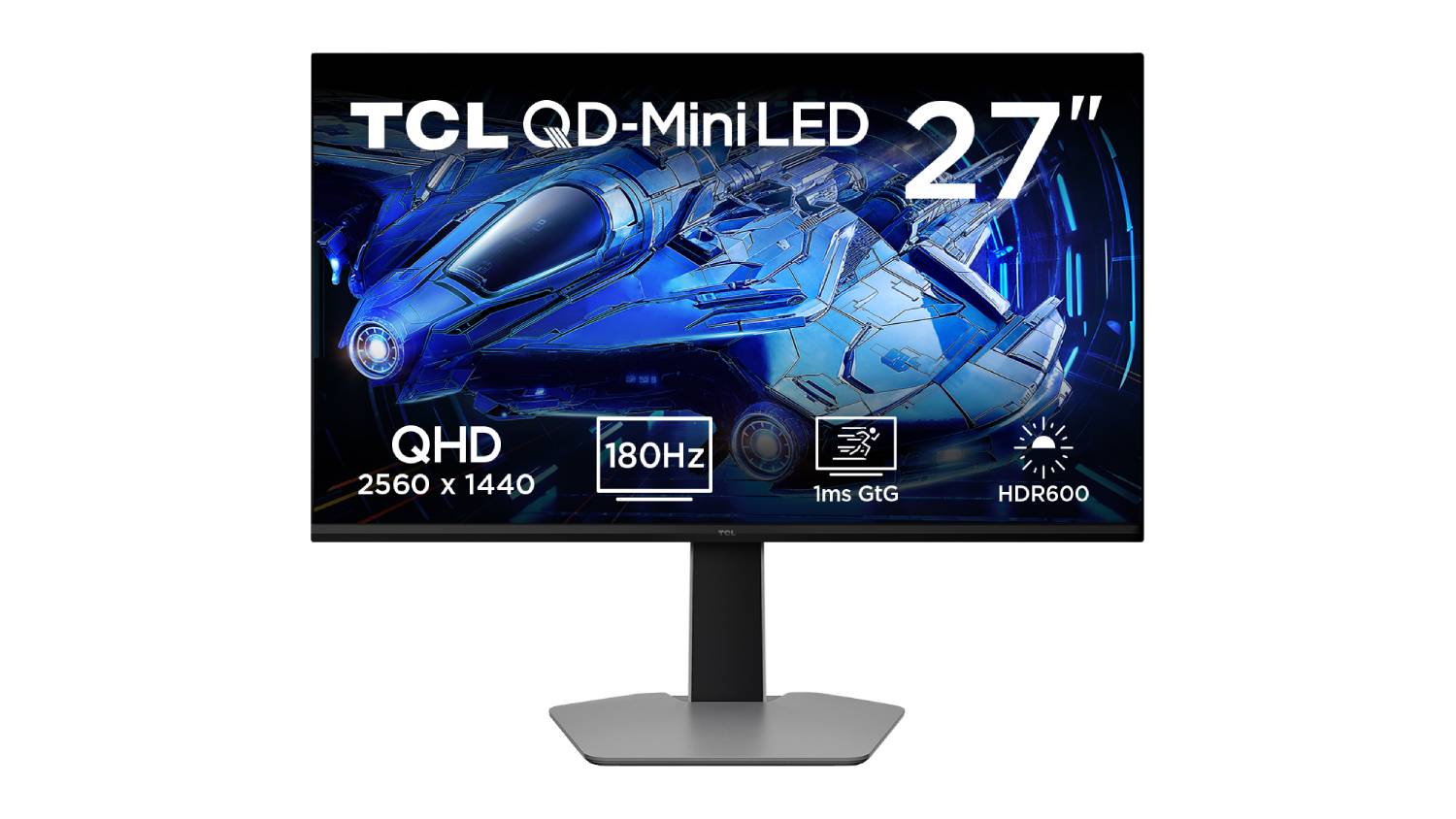 Front view of the TCL QD-Mini LED 27-inch monitor displaying a blue futuristic graphic