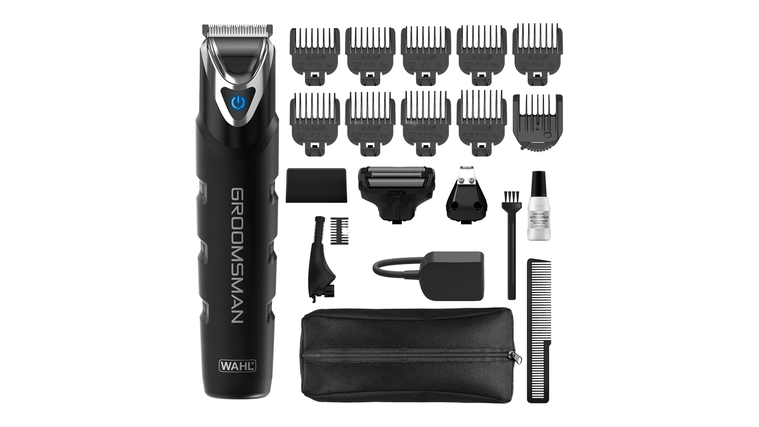 Wahl Groomsman grooming kit with trimmer, multiple guide combs, attachments, charger, pouch, comb, and oil
