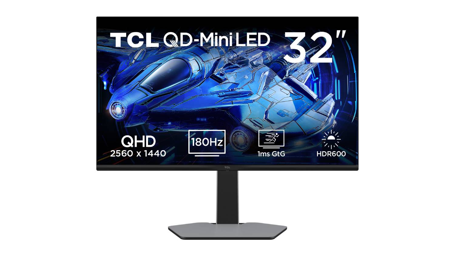 Front product view of the TCL G64 32-inch monitor with a blue sci-fi image on screen