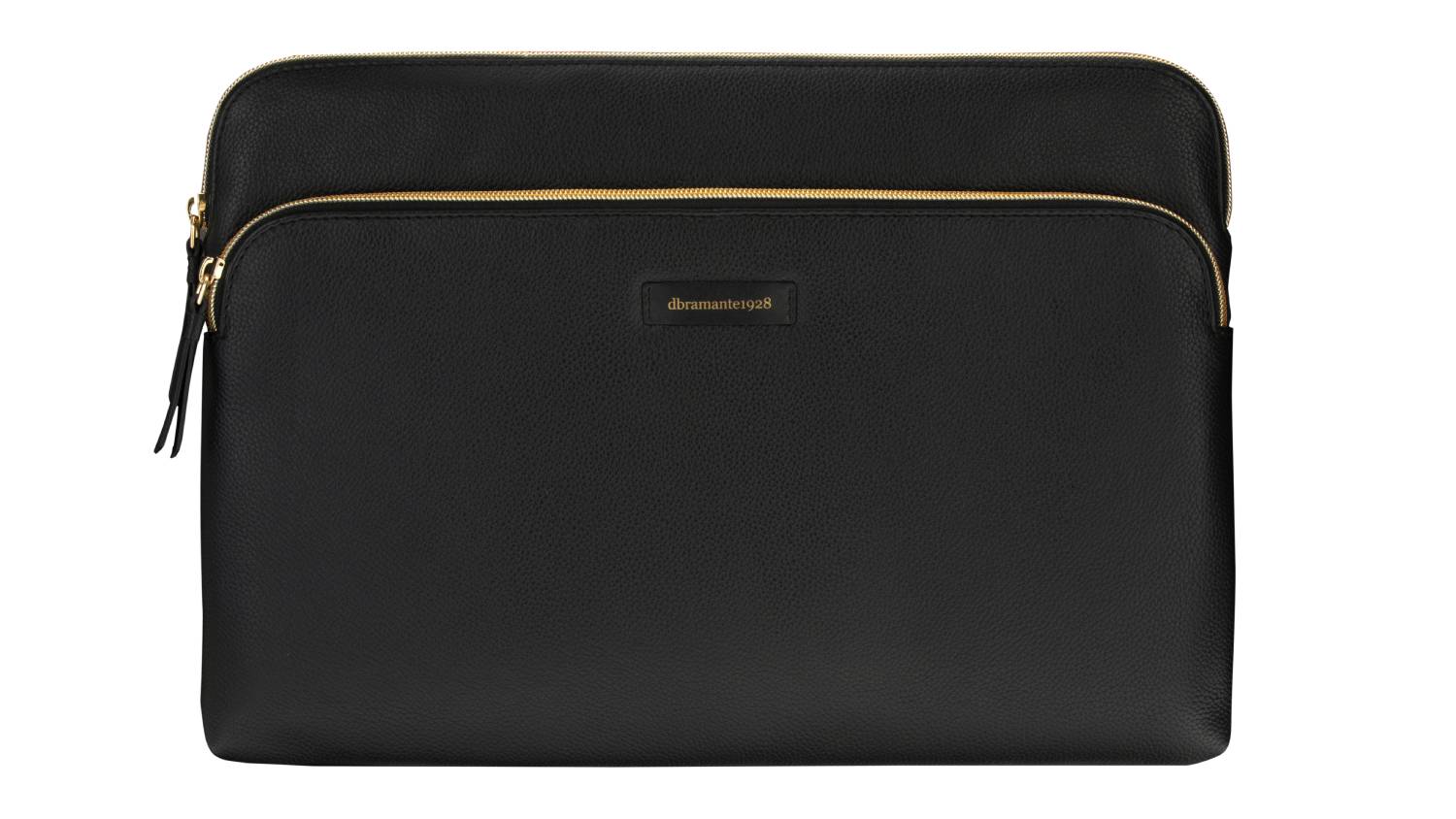 Front view of the dbramante Paris+ laptop sleeve in black, featuring a zip-around closure and front storage pocket