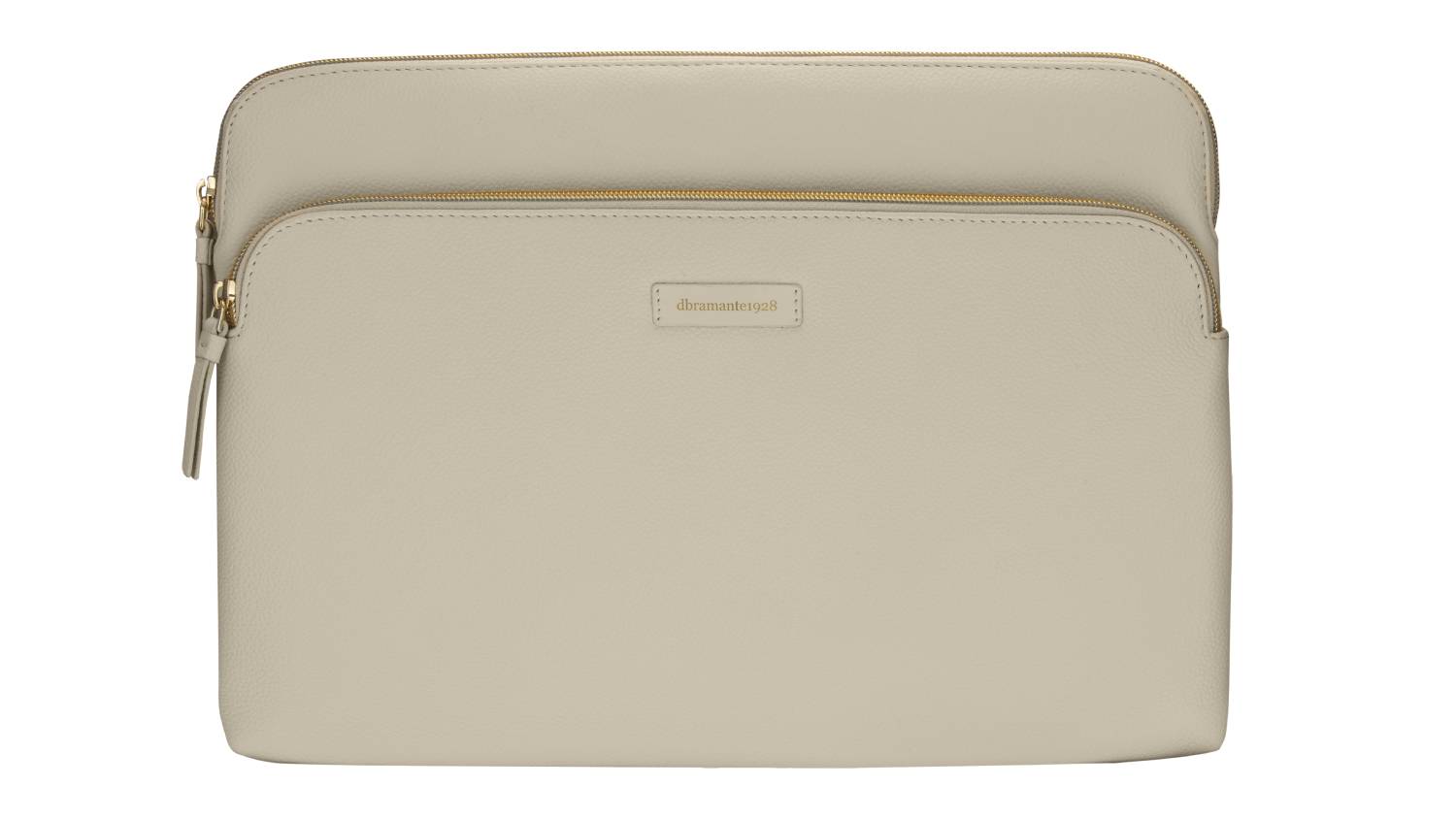 Front view of the dbramante Paris+ laptop sleeve in beige, featuring a zip-around closure and front storage pocket