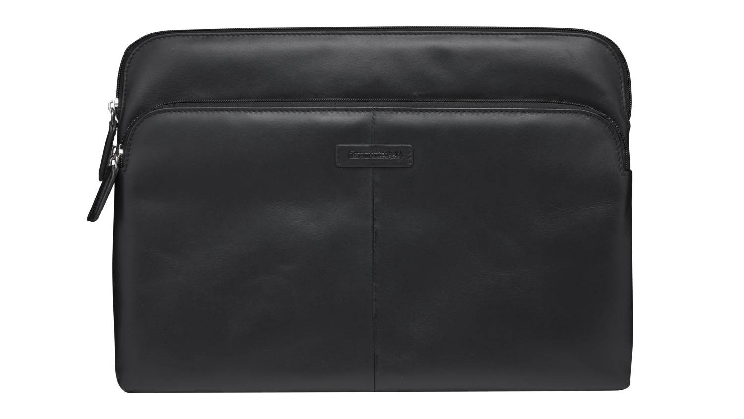 Front view of the dbramante Skagen Pro+ (2nd Gen) laptop sleeve in black leather