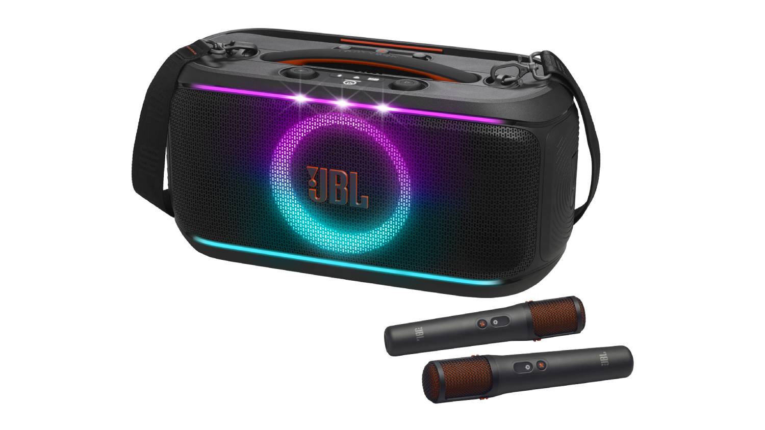 JBL PartyBox On-The-Go 2 Plus portable Bluetooth speaker in black with a circular multicolour LED light ring