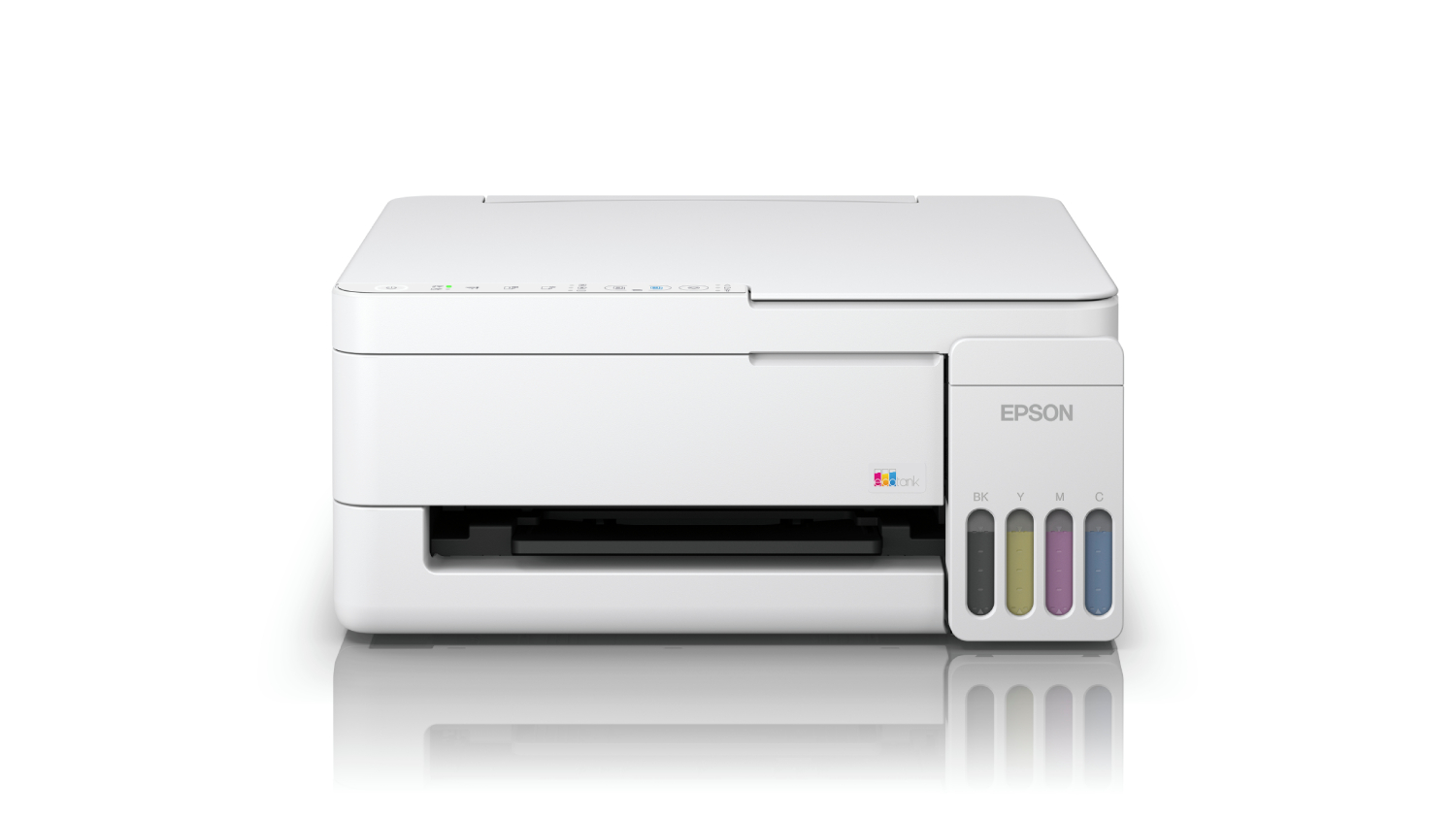 Front view of a white Epson EcoTank ET-2910 all-in-one printer with visible colour ink tanks