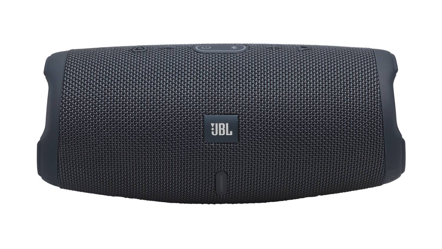 Front view of the JBL Charge 3 Essential portable Bluetooth speaker in black
