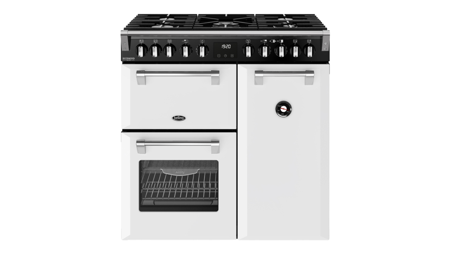 A Belling 90cm Dual Fuel Freestanding Oven with 5 Burner Gas Cooktop