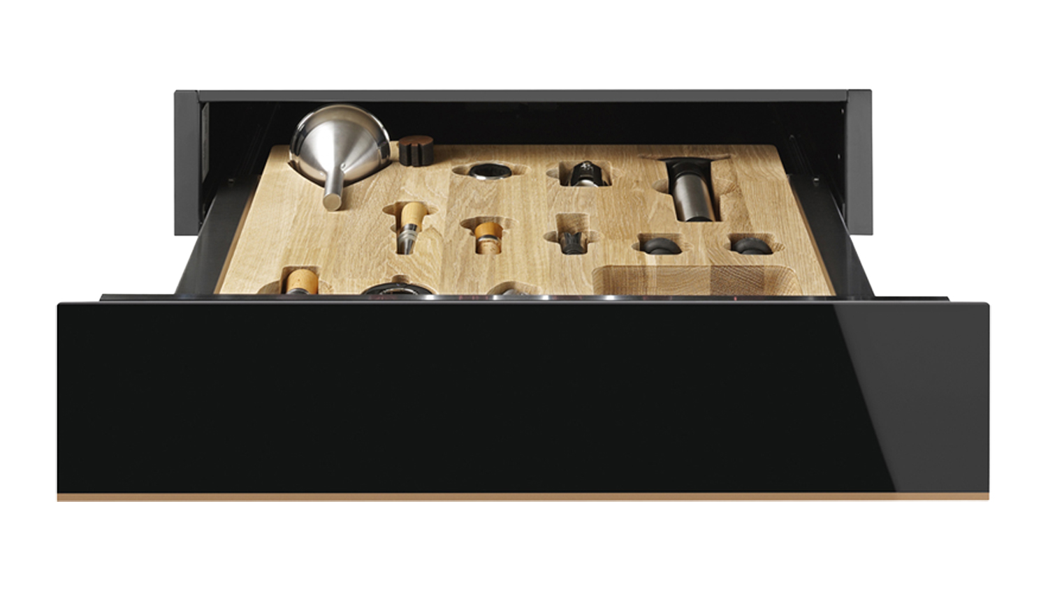 Smeg Dolce Stil Novo 15cm built-in sommelier drawer in black, shown partially open to reveal a wooden interior
