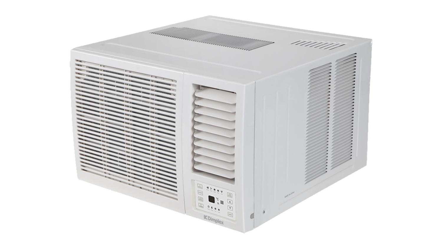 Angled view of a Dimplex reverse-cycle window air conditioner with a front grille, side vents, and digital control panel