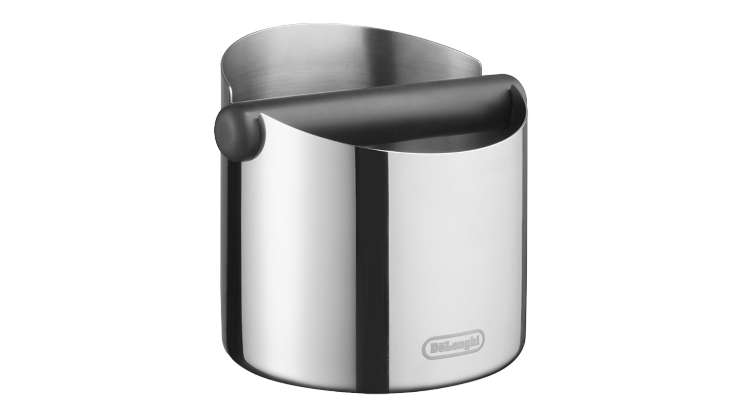 Stainless steel coffee knock box with a black rubber bar