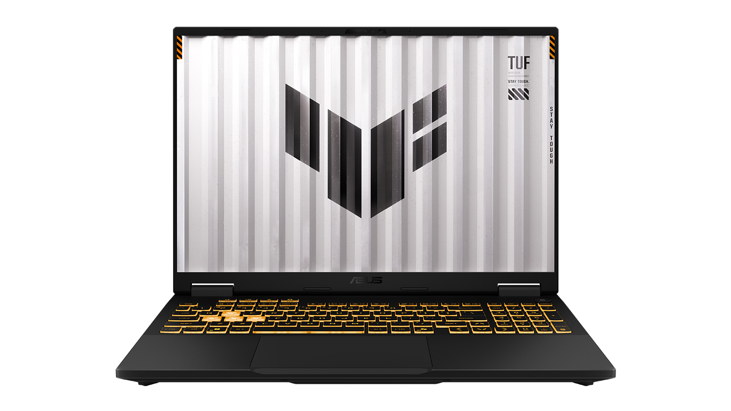 Direct front view of Asus TUF F16 gaming laptop, showing its  display and glowing orange keyboard