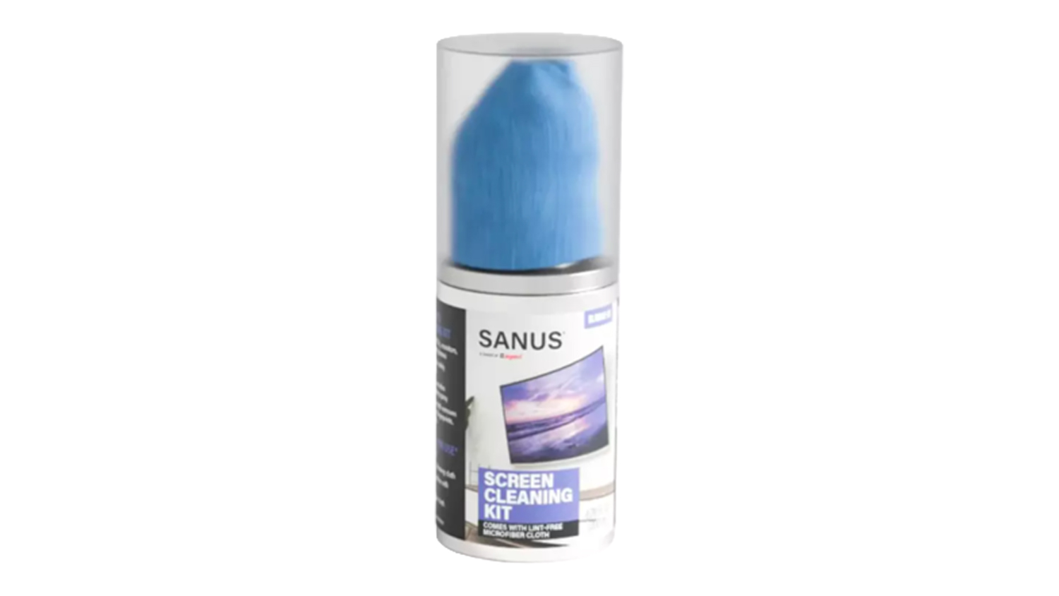 SANUS screen cleaning kit bottle with a blue microfibre cloth stored in the clear cap