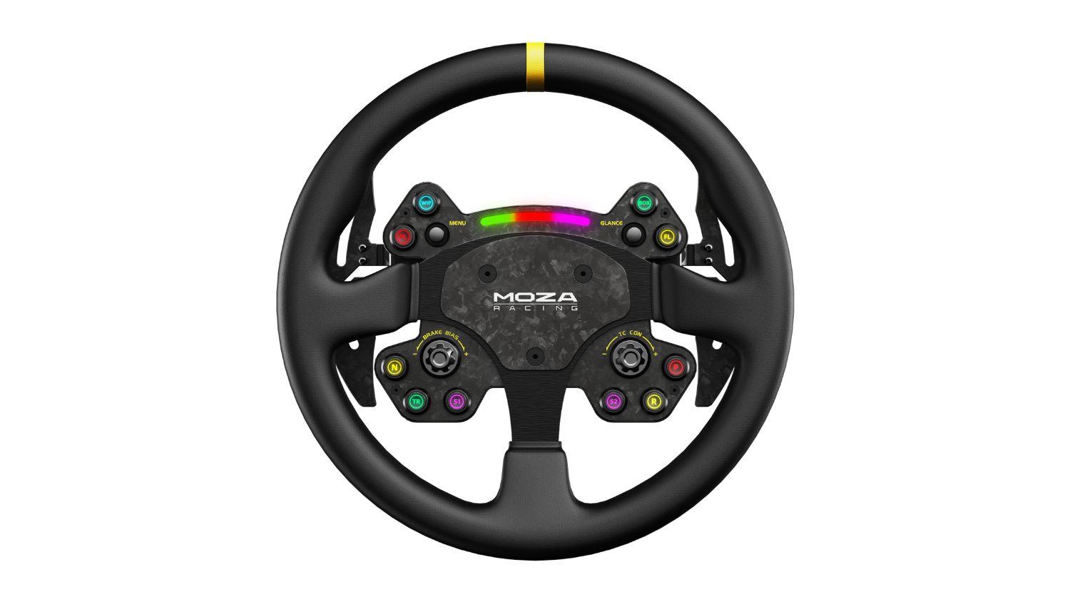 MOZA Racing RS V2 Steering Wheel with leather grip, customisable buttons, and RGB indicator lights