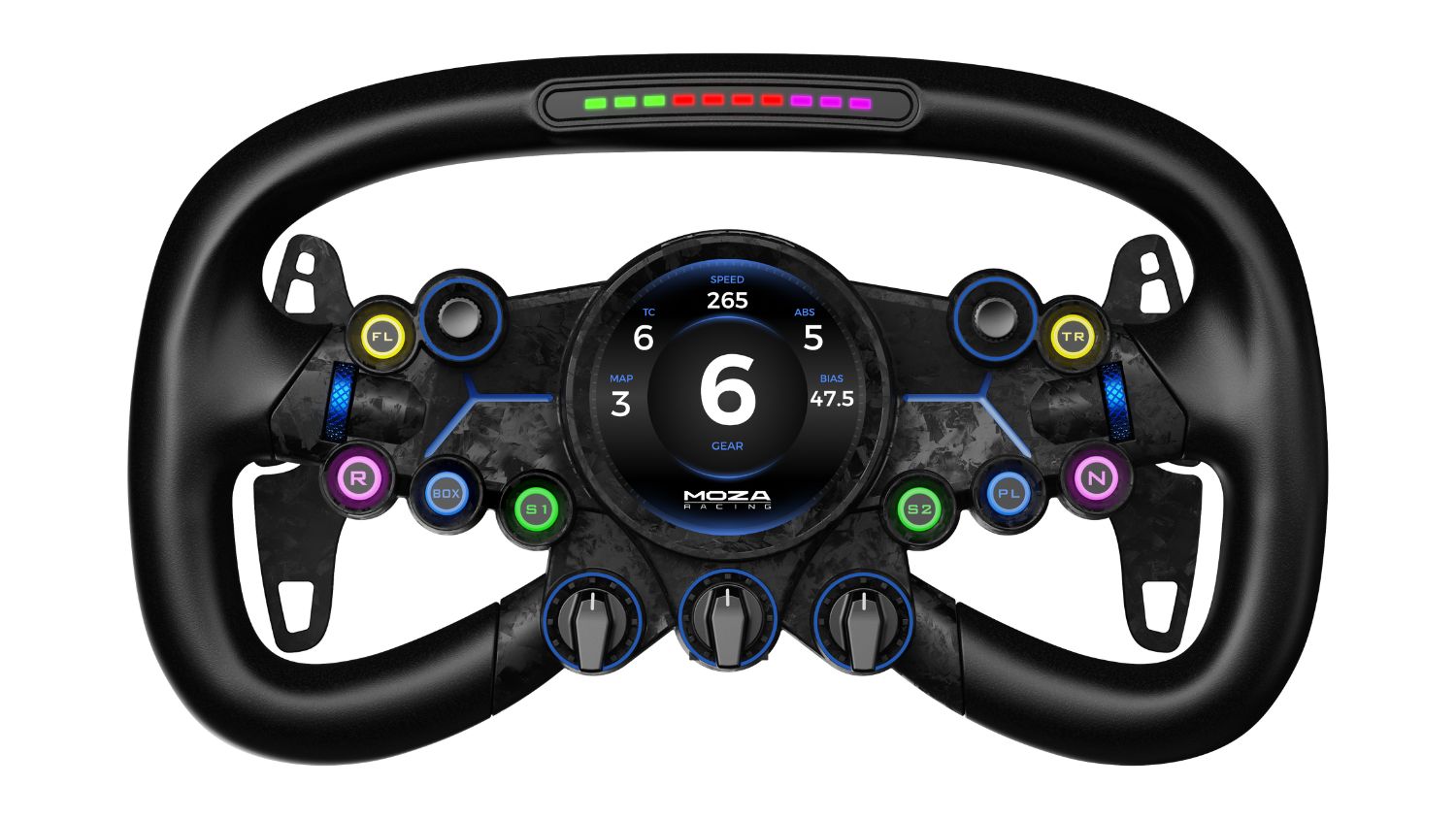 MOZA Racing VGS wheel with HD touchscreen display, RGB controls, and premium sim racing design