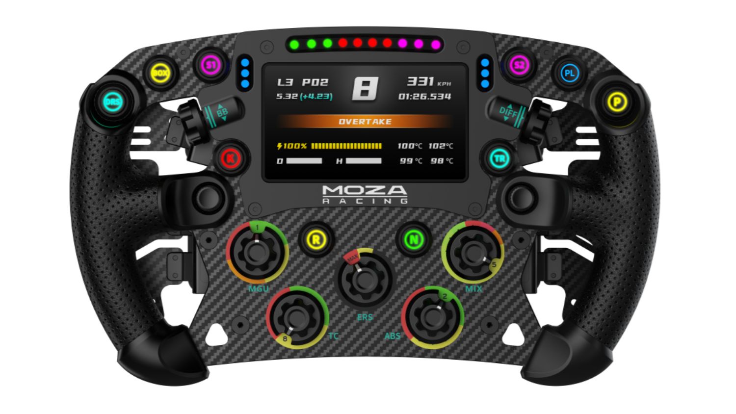 MOZA Racing FSR2 Formula Wheel with digital display, carbon fibre finish, and customisable controls