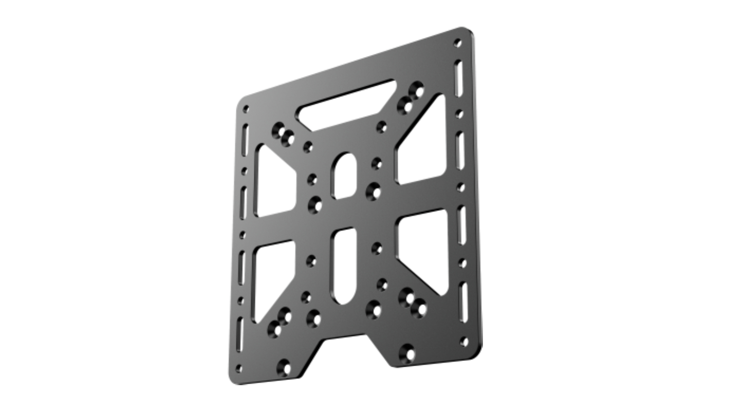 Angled view of a black metal MOZA Flight Base Mount Adapter with multiple mounting slots and screw holes