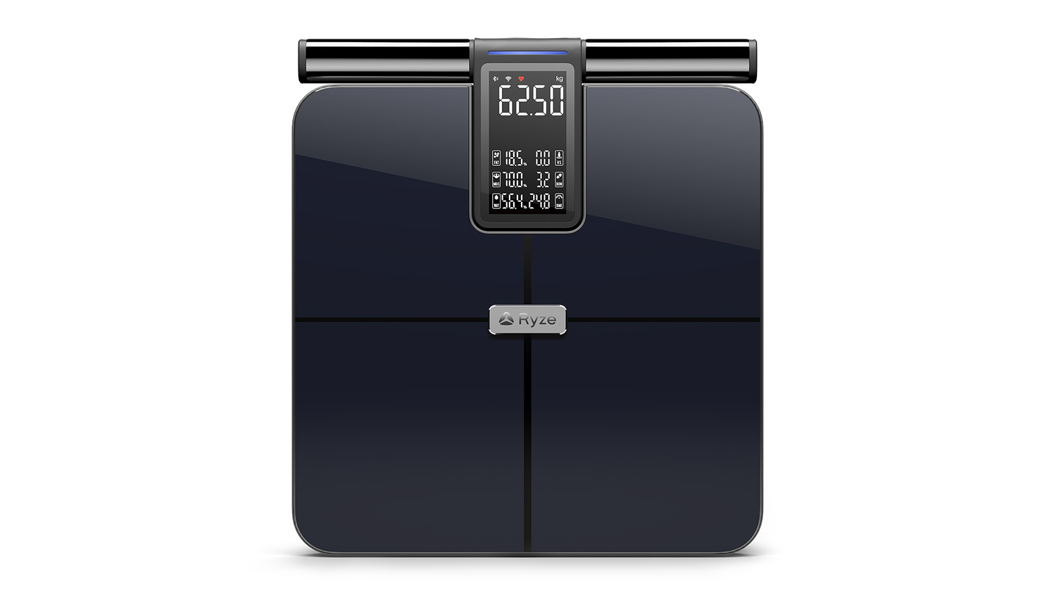 Ryze Full Scan Smart Body Glass Scale facing forward, showing its tempered glass platform and handle