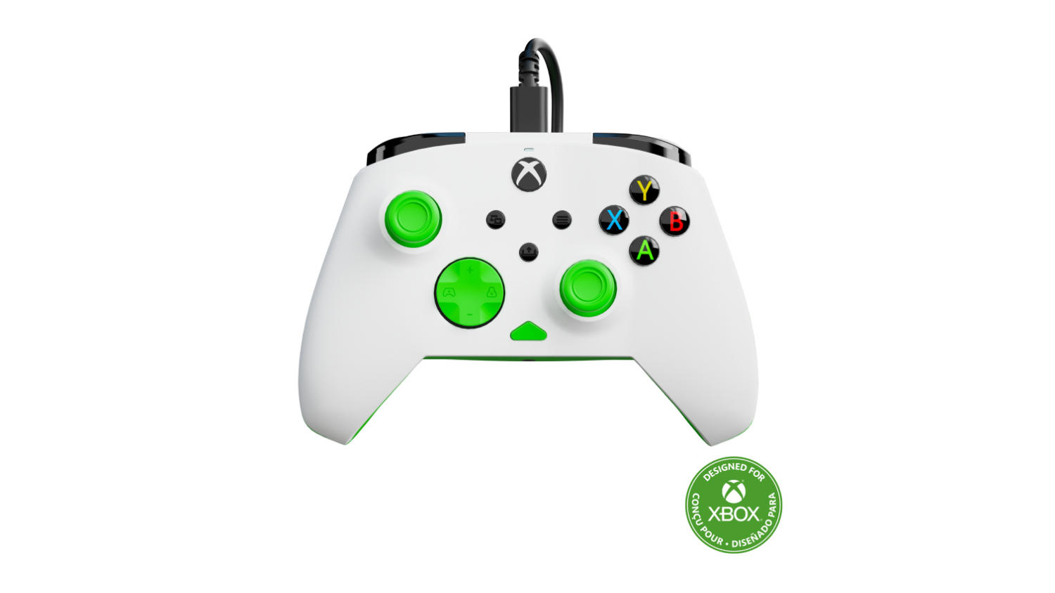Front view of the Turtle Beach Core white wired Xbox controller with bright green thumbsticks and D-pad